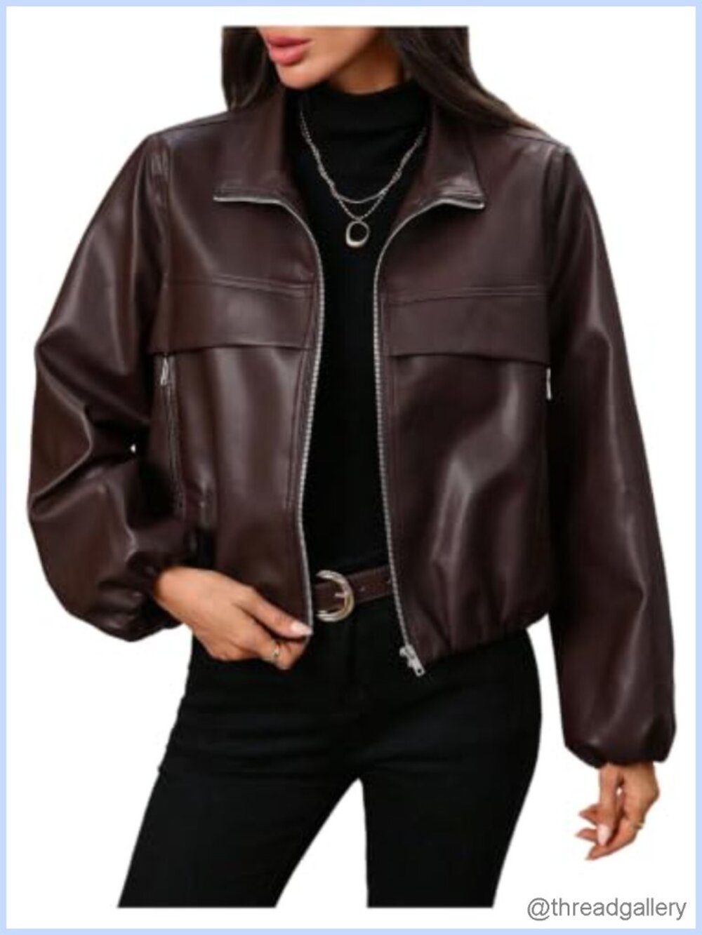 Women's PU Leather Collared Bomber Jacket Zip Up Long Sleeve Streetwear Fall